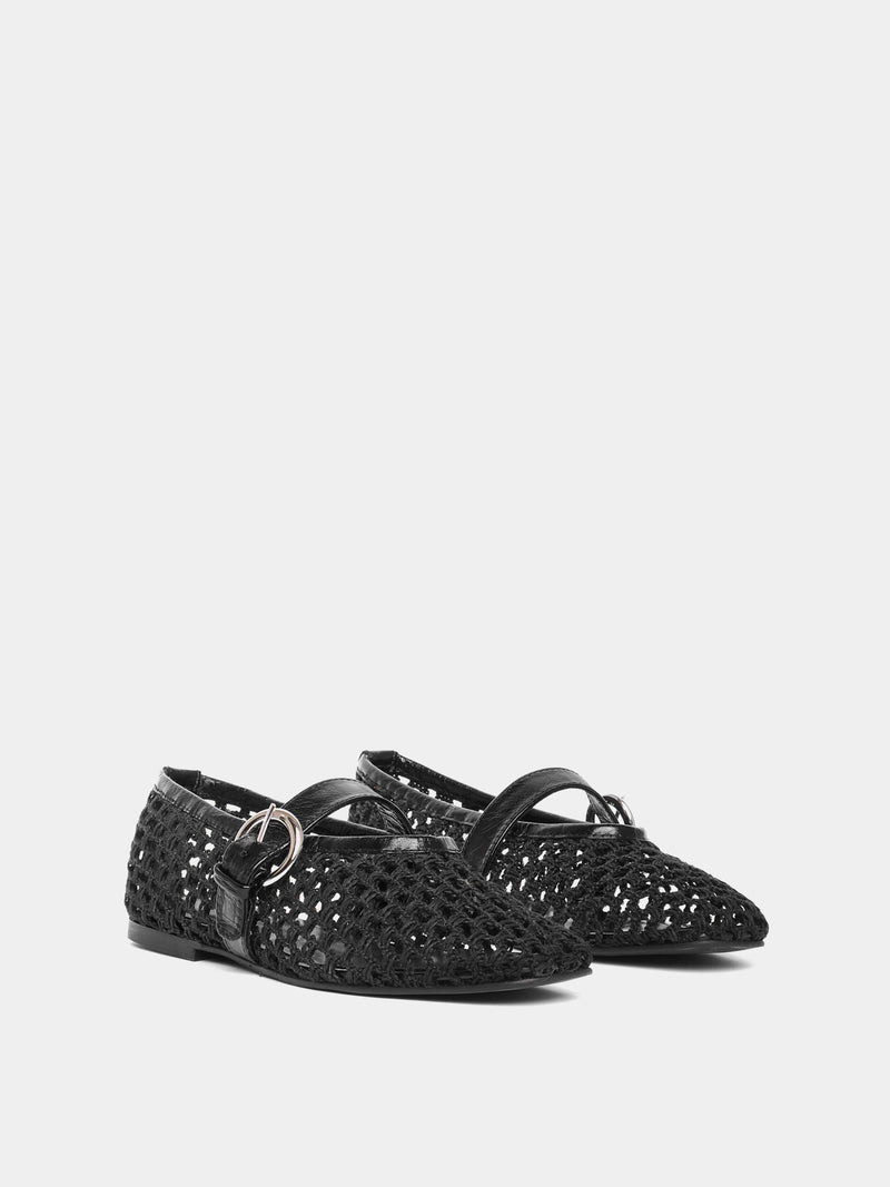 Aveiro black woven leather ballet flat with Mary-jane strap and buckle, front view.