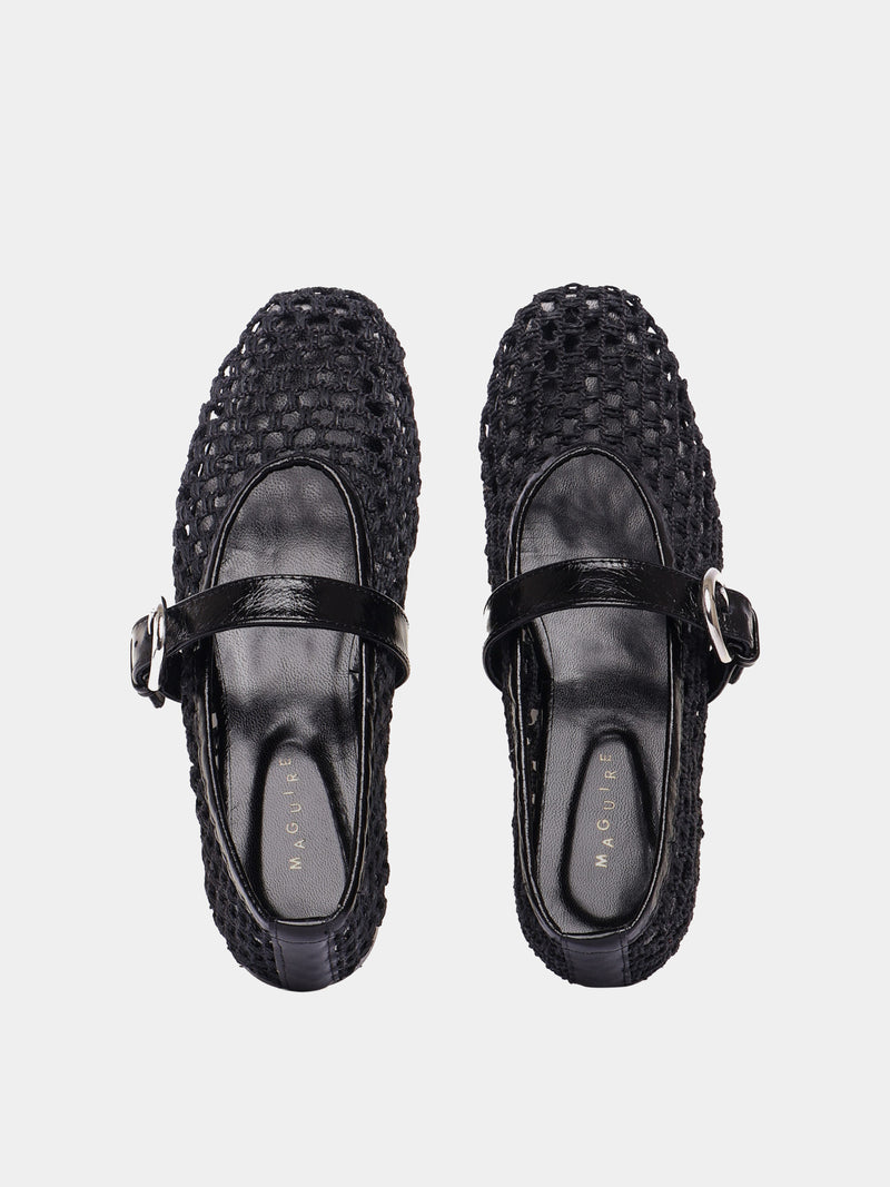 Aveiro black woven leather ballet flat with Mary-jane strap and buckle, top view.