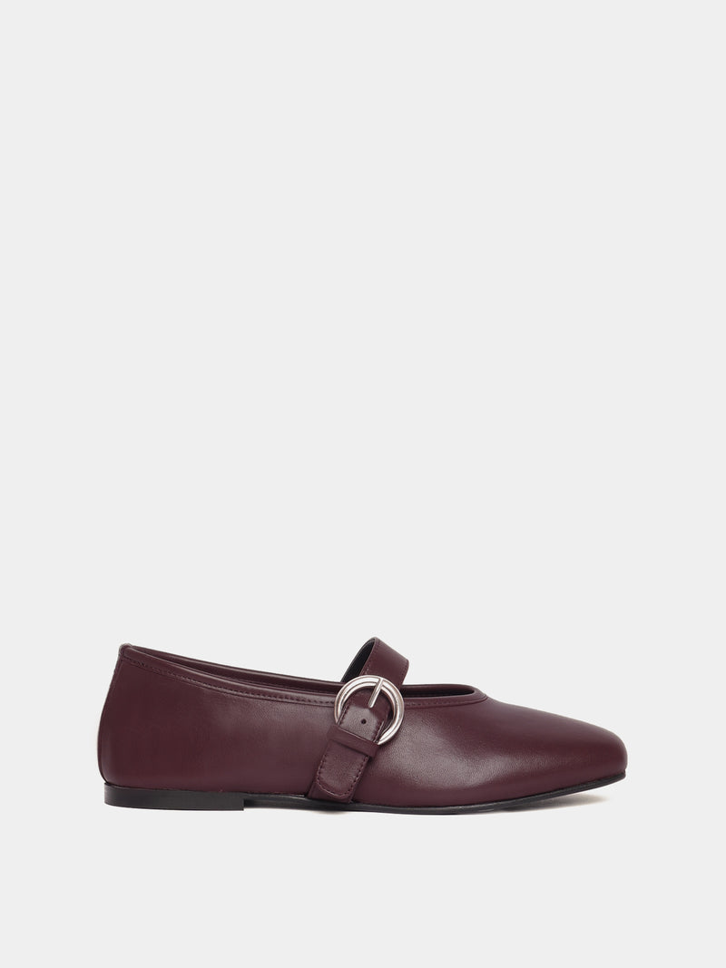 Aveiro bordeaux leather ballet flats with adjustable Mary-Jane strap.