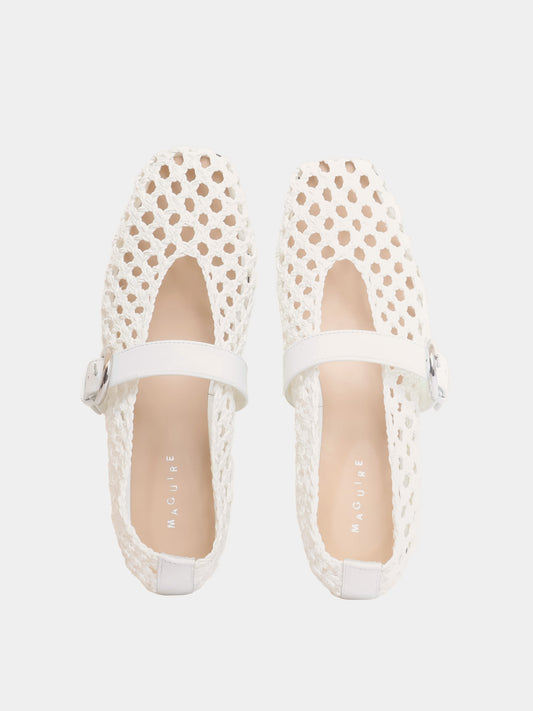 cream woven balelt flat with starp and silver buckle
