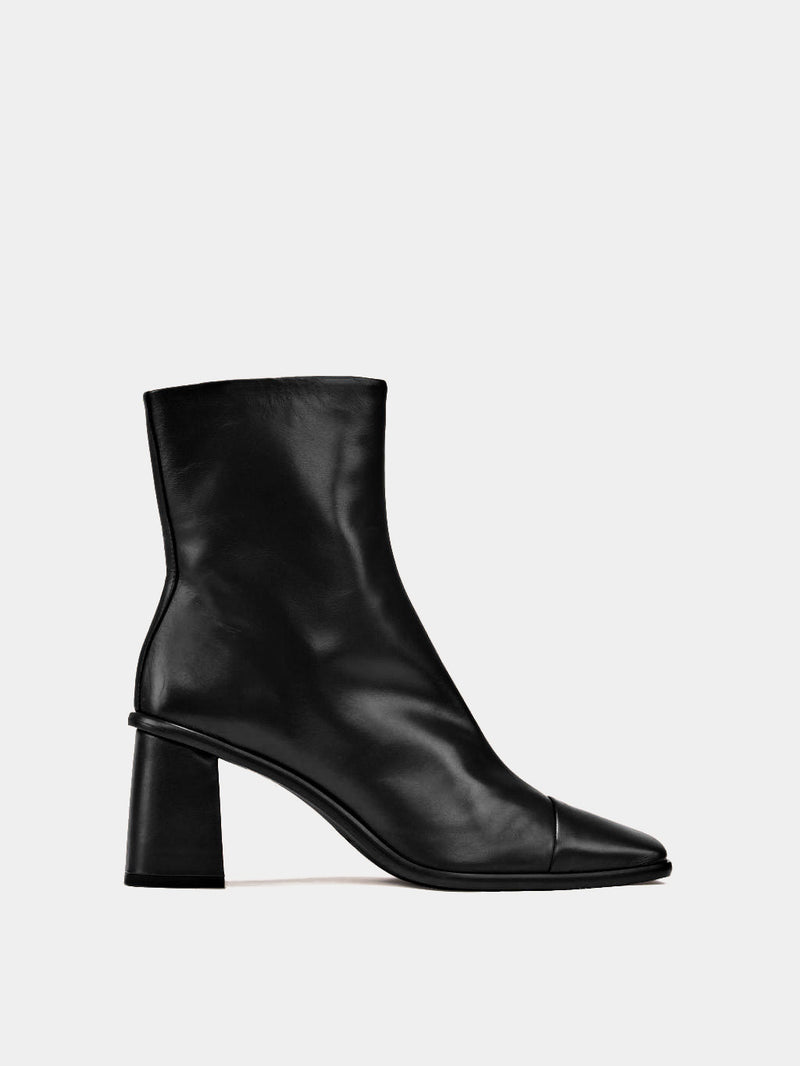 Black square-toe high-heeled boots