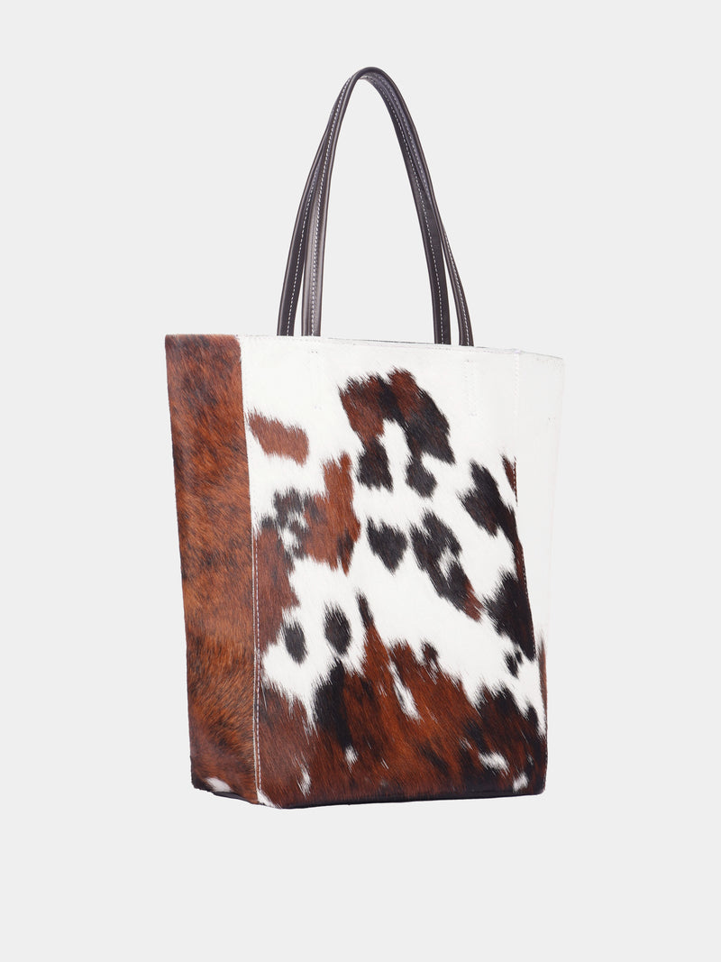 Large cow print pony hair and leather tote bag