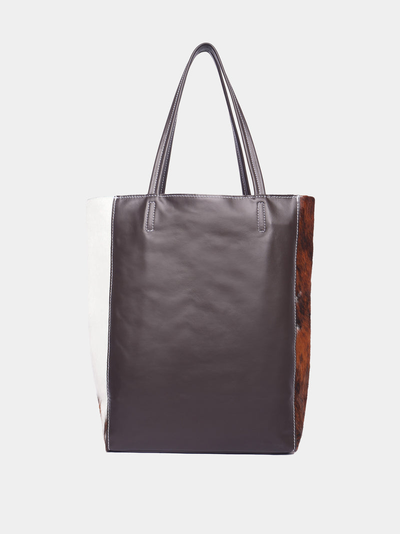 Large cow print pony hair and leather tote bag