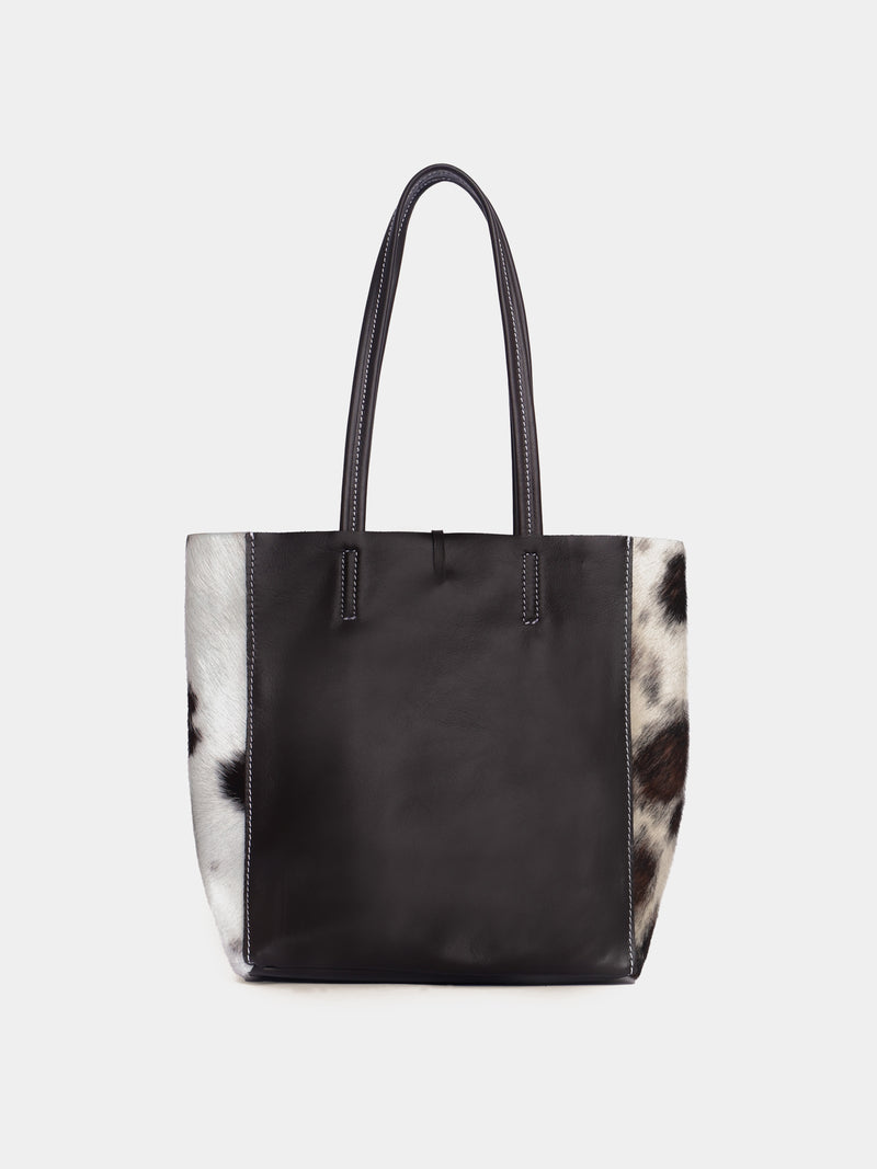 Medium cow print pony hair and leather tote bag