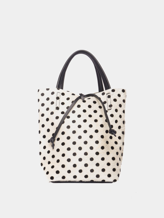 White polka dot pony hair mini leather tote bag