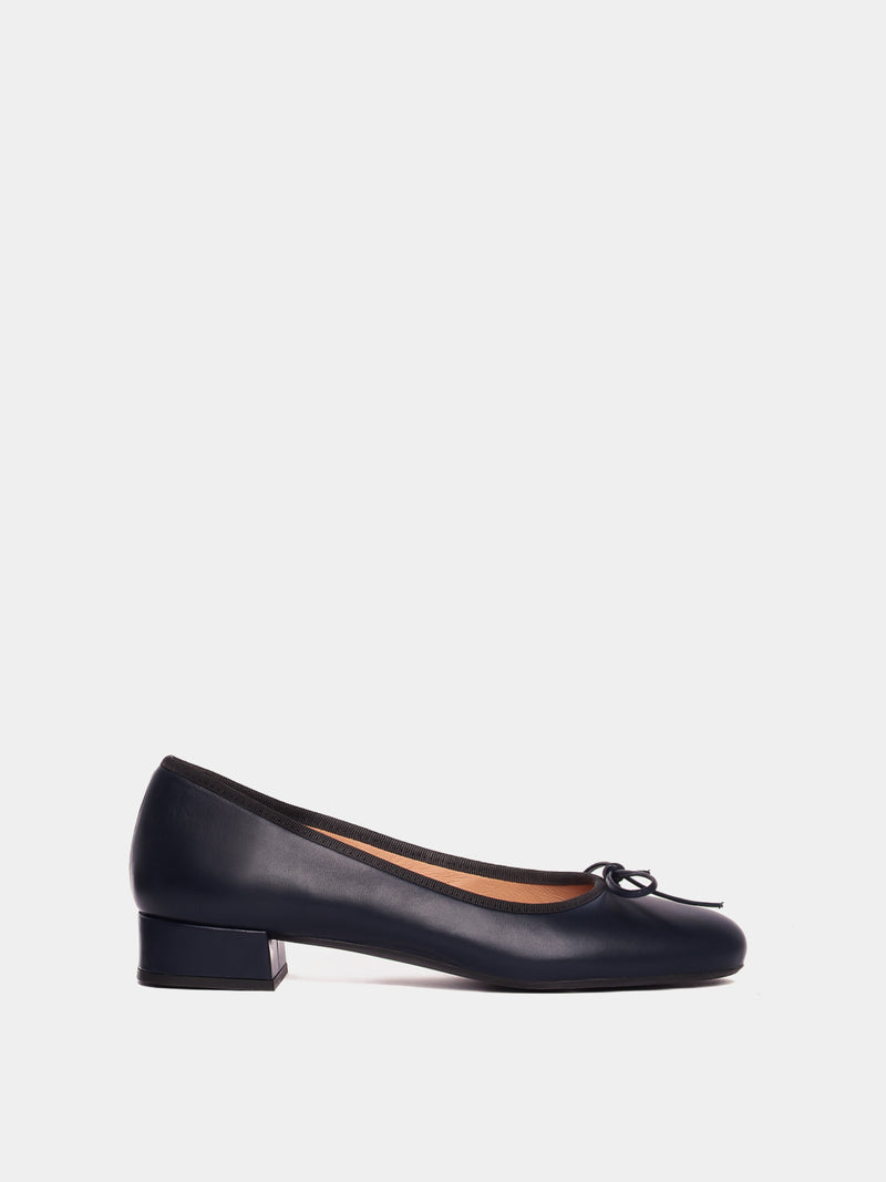 Navy leather ballerina pump with black piping and navy bow