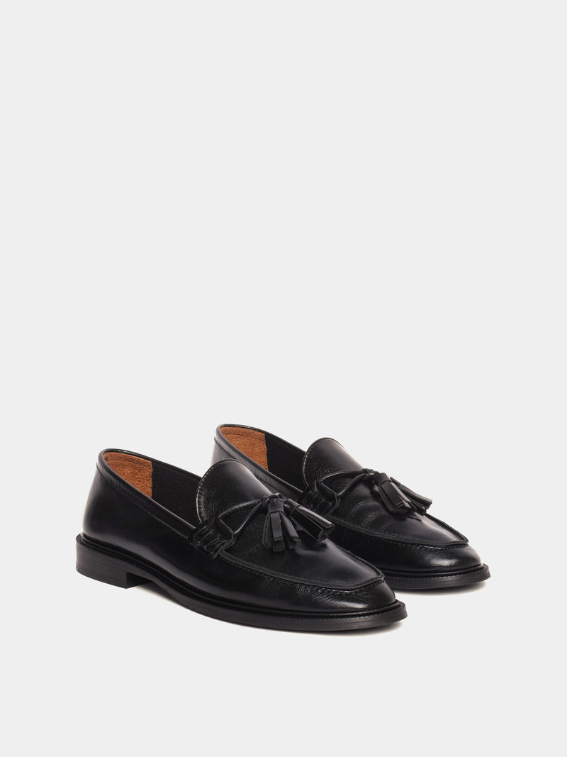 Black tassel leather loafers