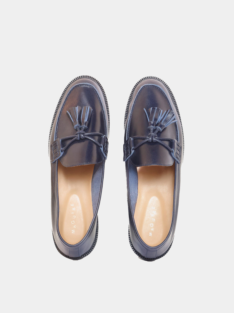 Navy loafer with pompom, top view