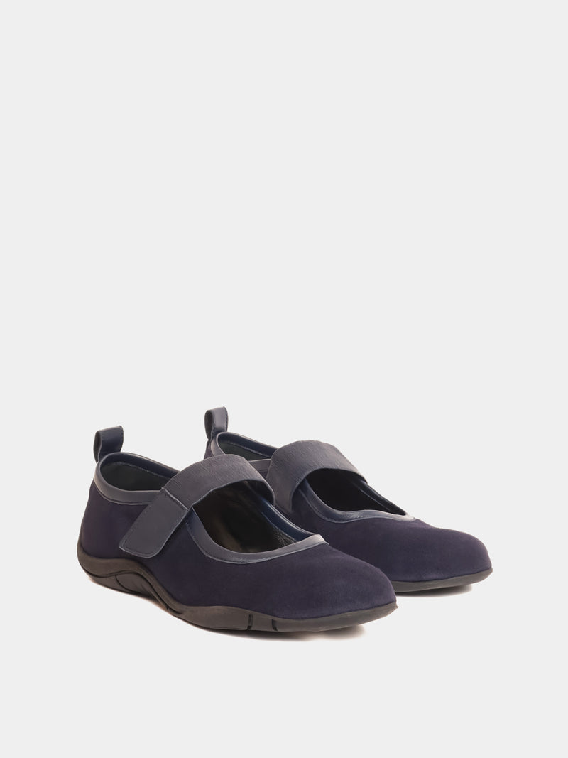 Evora Navy Suede Ballerina, angle view