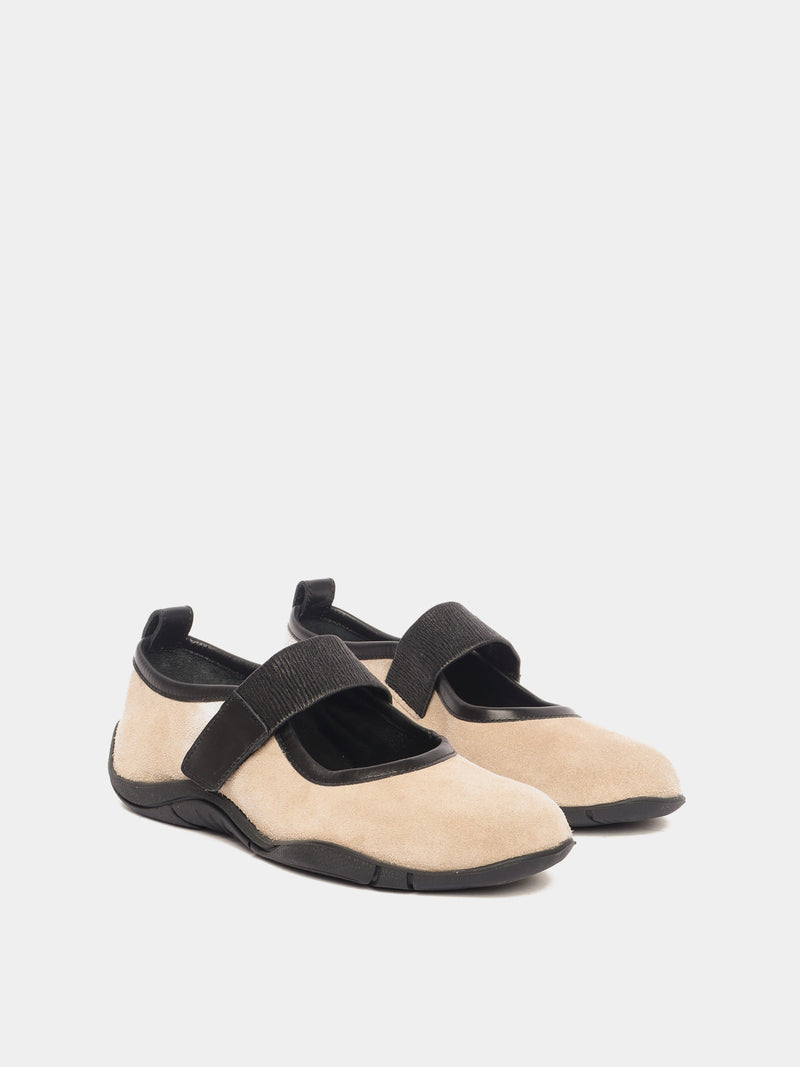 Sand coloured suede sporty mary-jane ballerinas