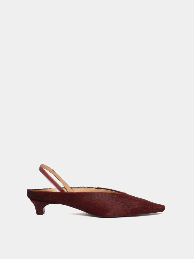 Burgundy pony hair mule slingback kitten heel