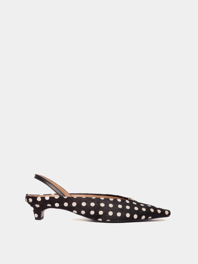 Black polka dot pony hair mule slingback kitten heel