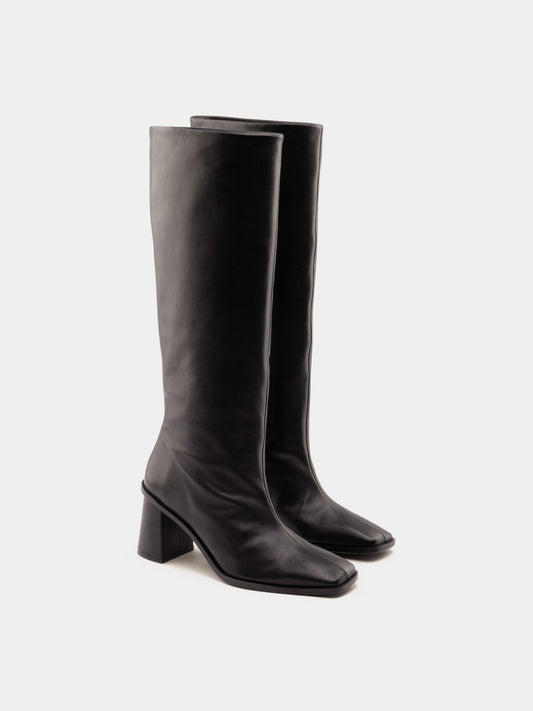 Black heeled high boot, ecom angle front view