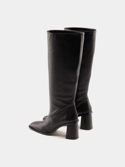 Black heeled high boot, ecom back view