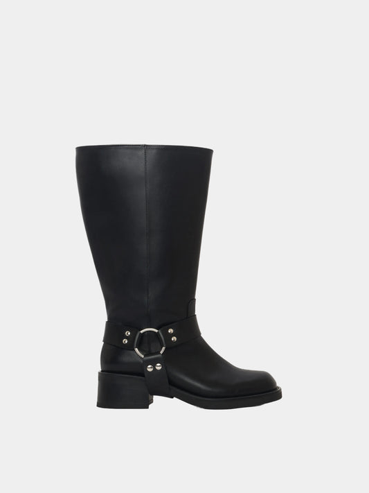 lucca back biker boot with metal harness for wide calves