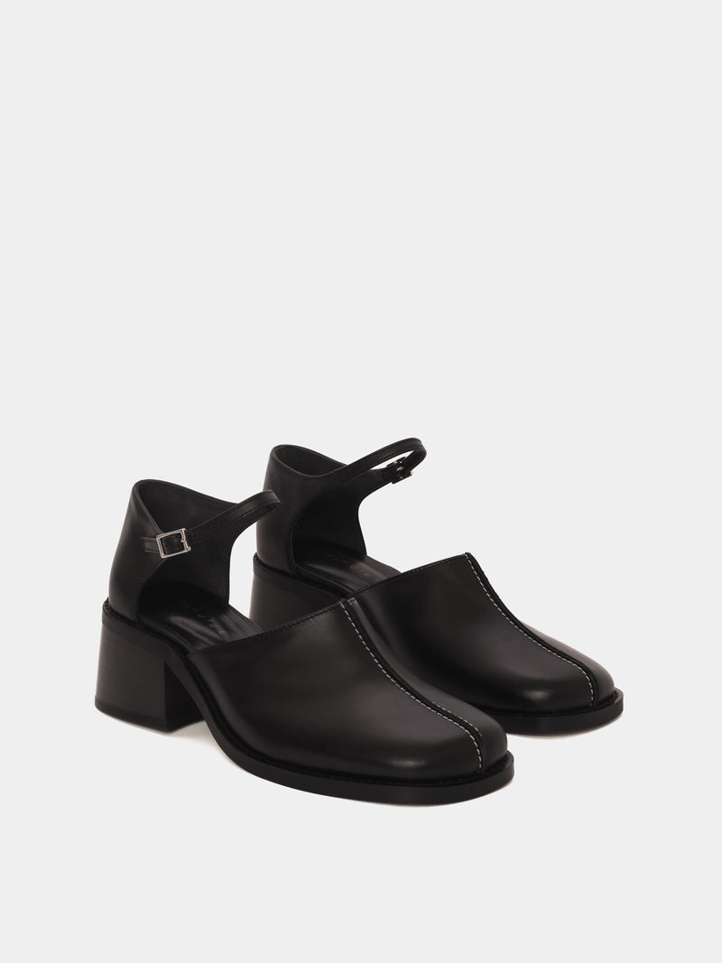 Black leather heeled mary-jane mules