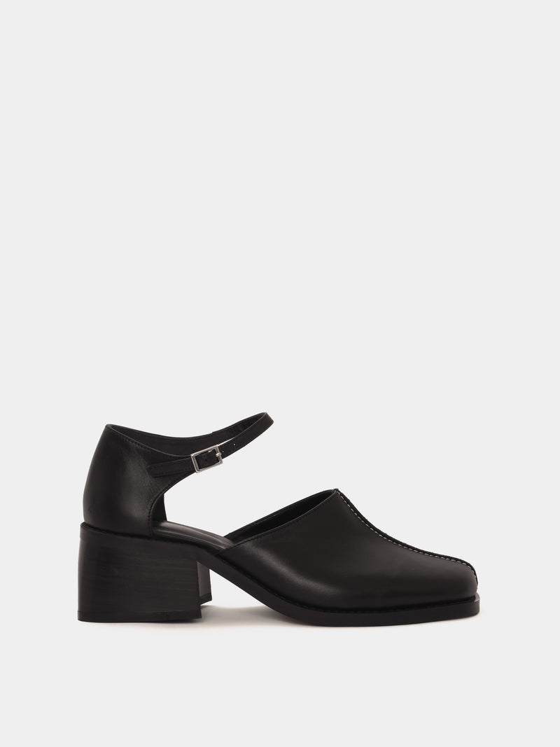 Black leather heeled mary-jane mule