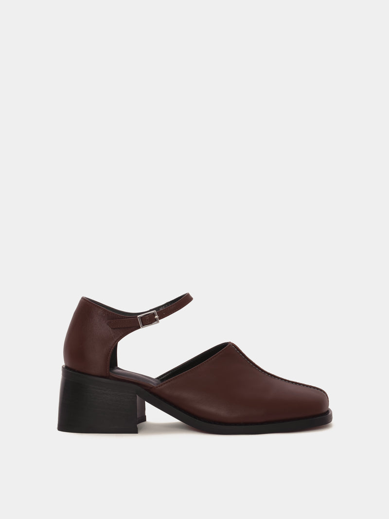 Brown leather heeled mary-jane mule