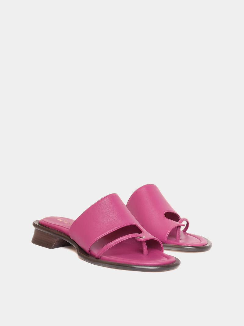 purple flip flop sandal with brown sculptural heel