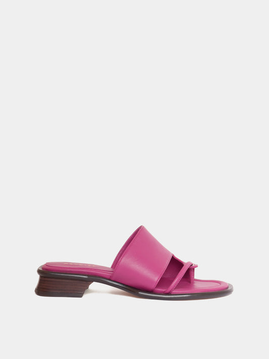 purple flip flop sandal with brown sculptural heel