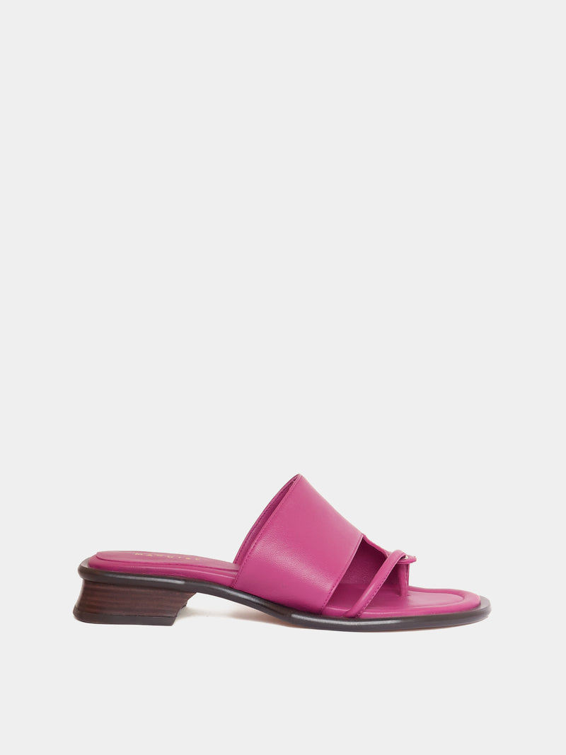 purple flip flop sandal with brown sculptural heel