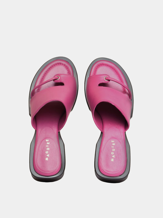 purple flip flop sandal with brown sculptural heel