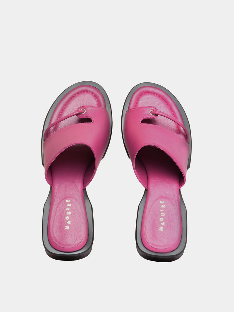 purple flip flop sandal with brown sculptural heel