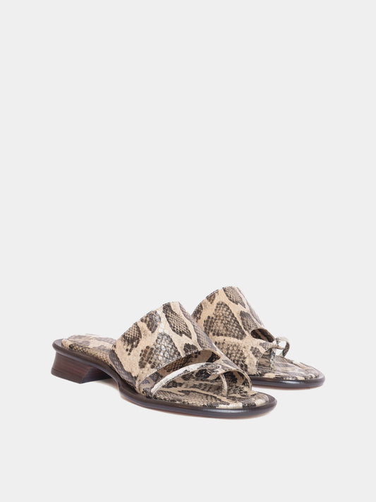 snake print thong sandal with brown heel