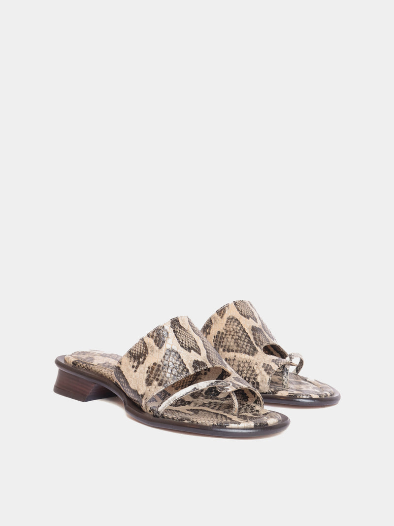 snake print thong sandal with brown heel