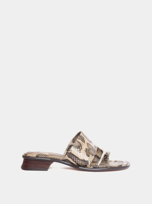 snake print thong sandal with brown heel