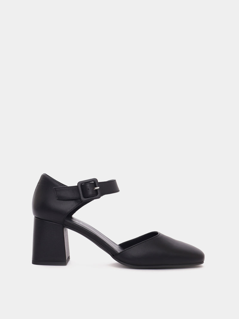 Marbella black leather Mary-Jane closed-toe block heel.