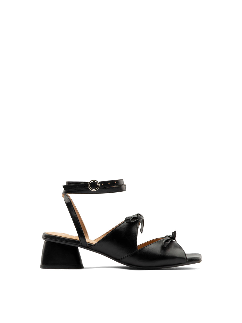 Mira black leather square-toe heel with ankle strap and two bows, side view.