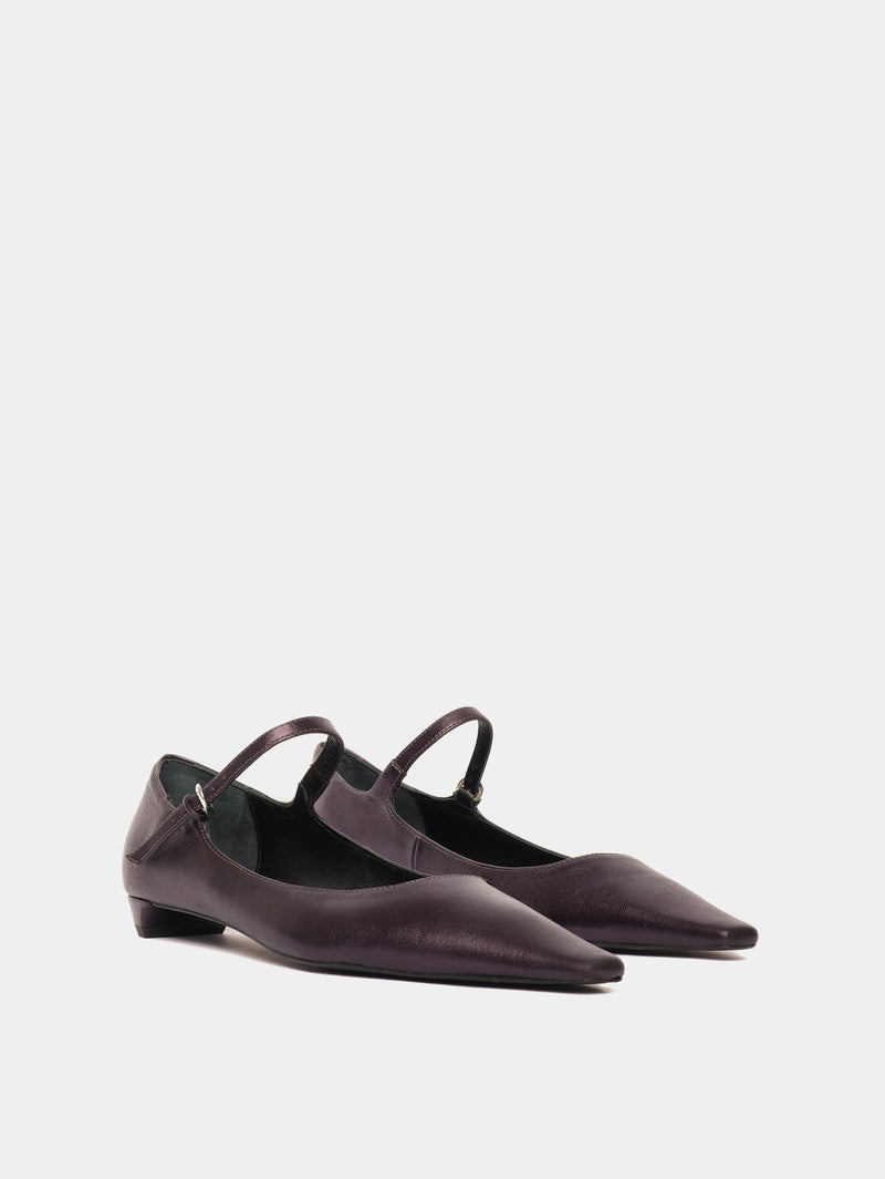 Metallic plum pointy mary-jane ballerinas