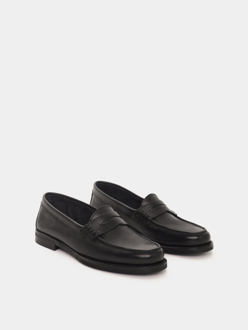 Black leather penny loafers