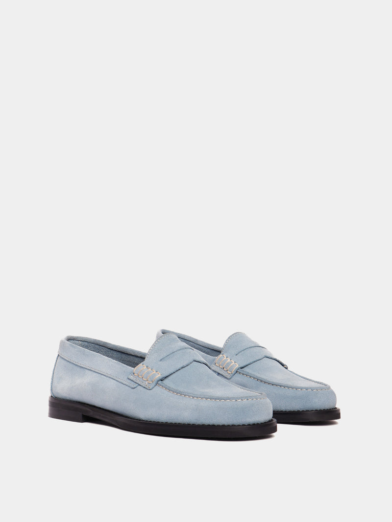 Blue suede leather penny loafers