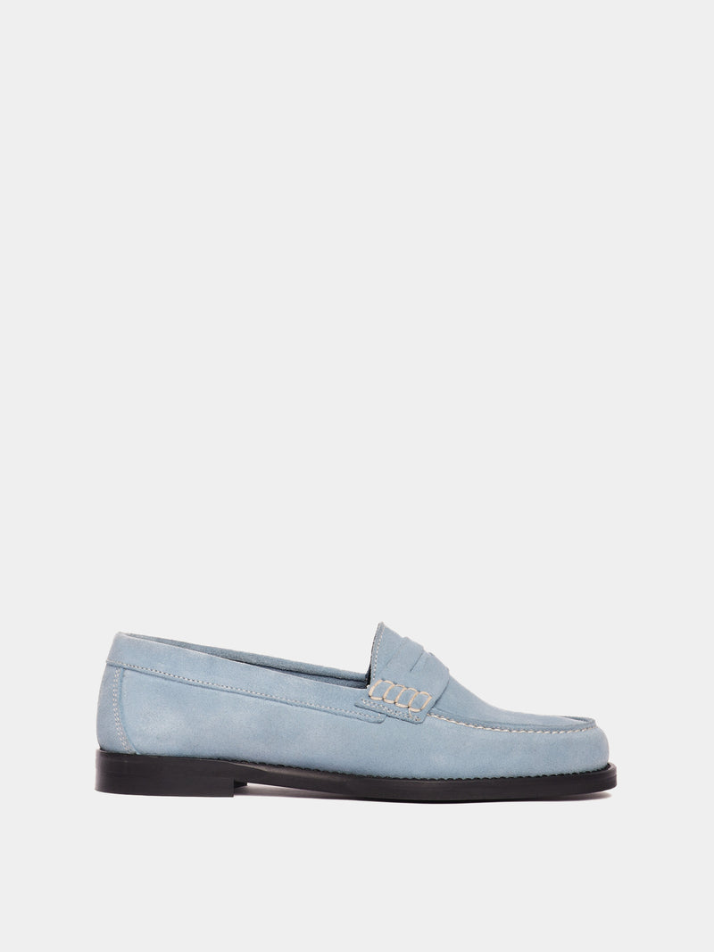 Blue suede leather penny loafers