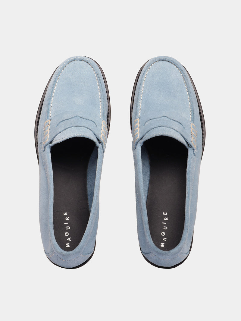 Blue suede leather penny loafers