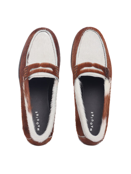 Napoli loafer with cow-print pony hair and black sole, top view.