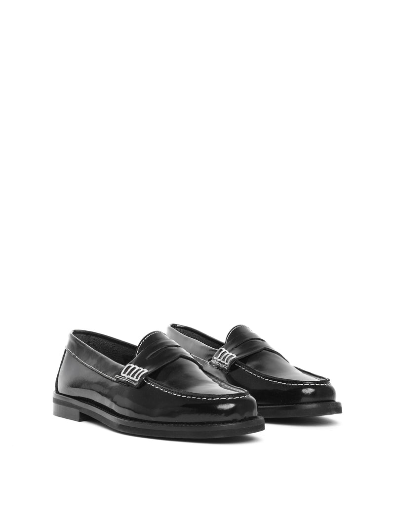 Black box leather penny loafers with white contrast stitching