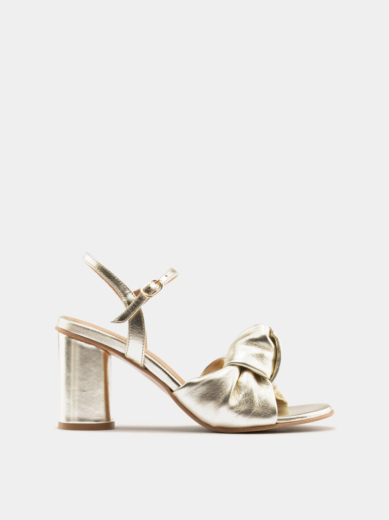 Gold metallic ankle strap heel with knotted upper