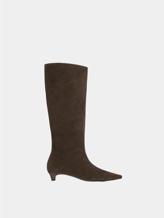 brown suede high boot, pointed toe and blade heel
