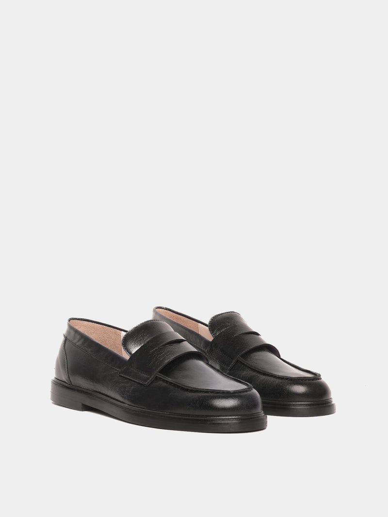 Black leather penny loafers
