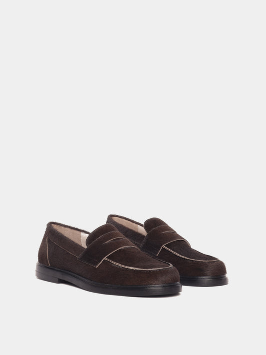 Brown pony hair penny loafers