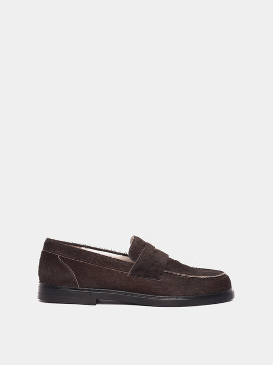 Brown pony hair penny loafers