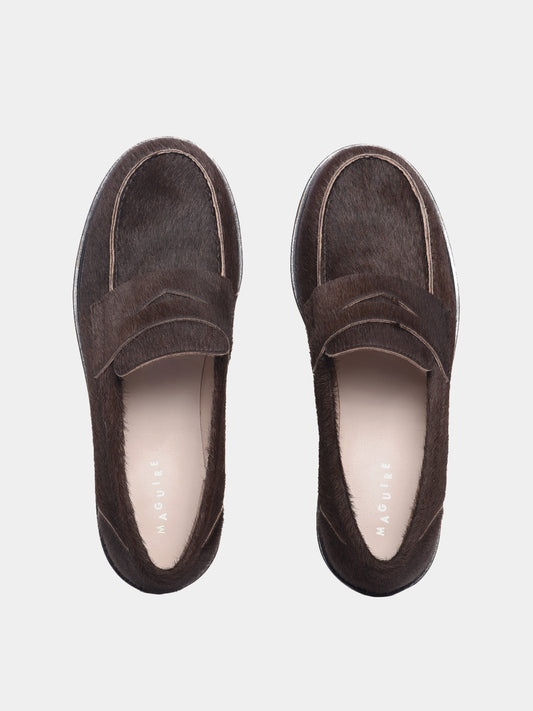Brown pony hair penny loafers
