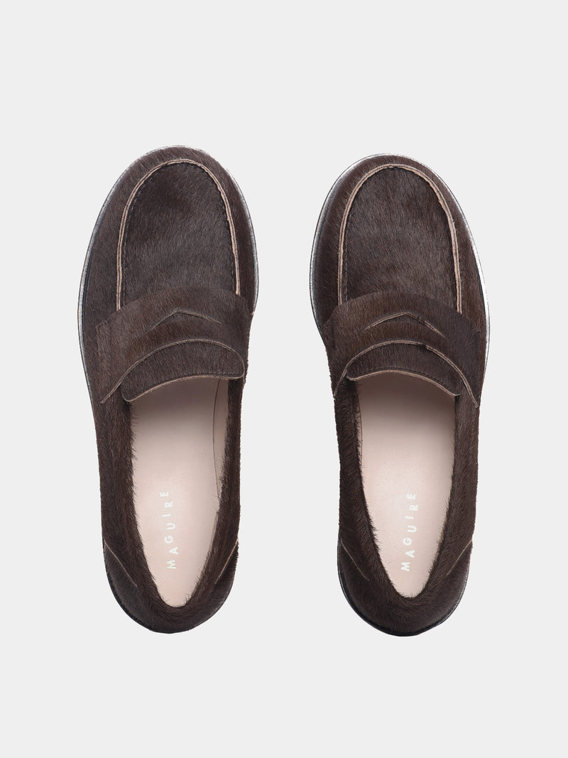 Brown pony hair penny loafers
