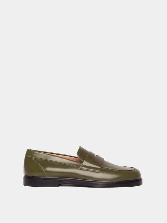 Olive leather penny loafer