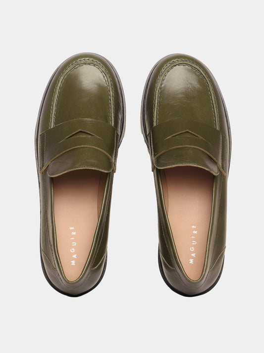 Olive leather penny loafers