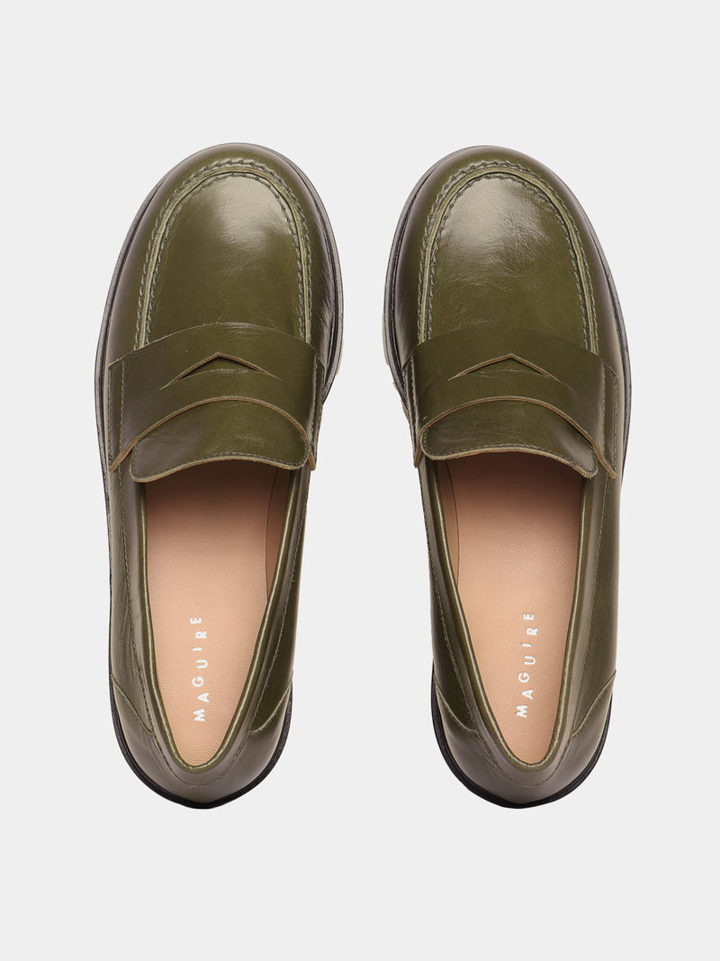 Olive leather penny loafers