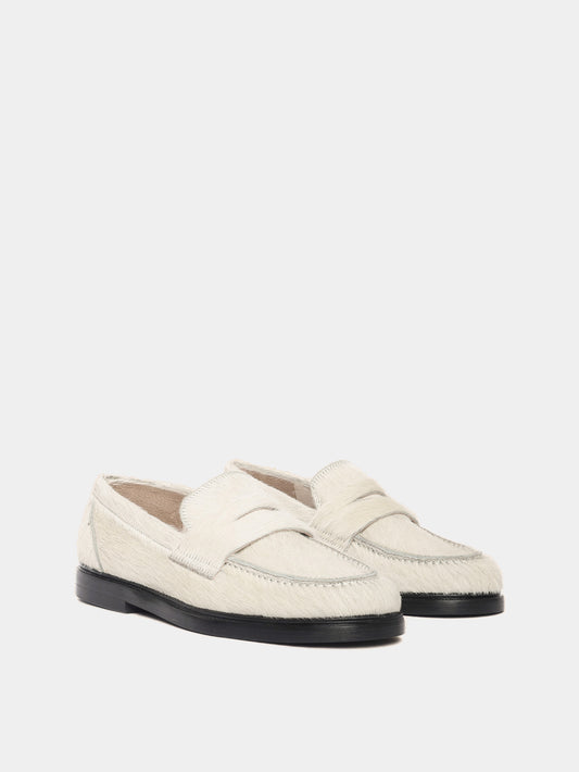 White pony hair penny loafers